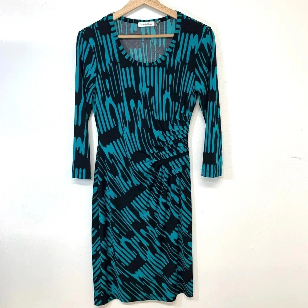 Calvin‎ Klein Dress 2 Career Blue Print Stretch Knee Length Ruched Office Travel